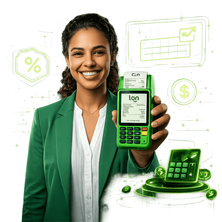 Mulher segurando maquininha Ton verde com elementos tecnológicos neon, calculadora e ícones financeiros em cenário futurista